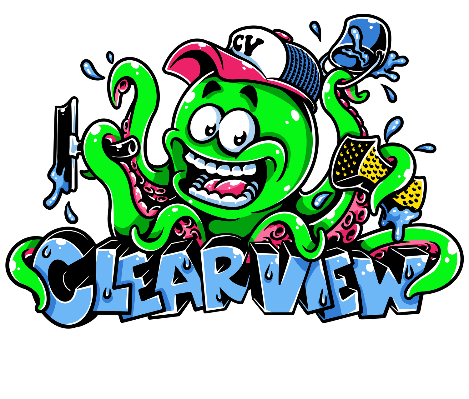 Colorful cartoon octopus with hat and spray paint, above the word “CLEARVIEW” in graffiti style