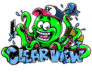 Colorful cartoon octopus with hat and spray paint, above the word “CLEARVIEW” in graffiti style