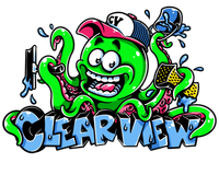 Colorful cartoon octopus with hat and spray paint, above the word “CLEARVIEW” in graffiti style
