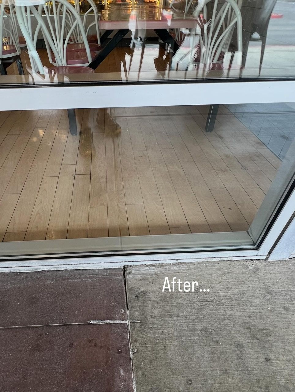 Glass storefront showing wet indoor floor reflections, labeled “After,” with sidewalk at the entrance