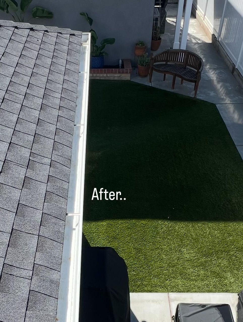 Patio with green artificial turf beside a house, with a bench and potted plants; “After” text visible.