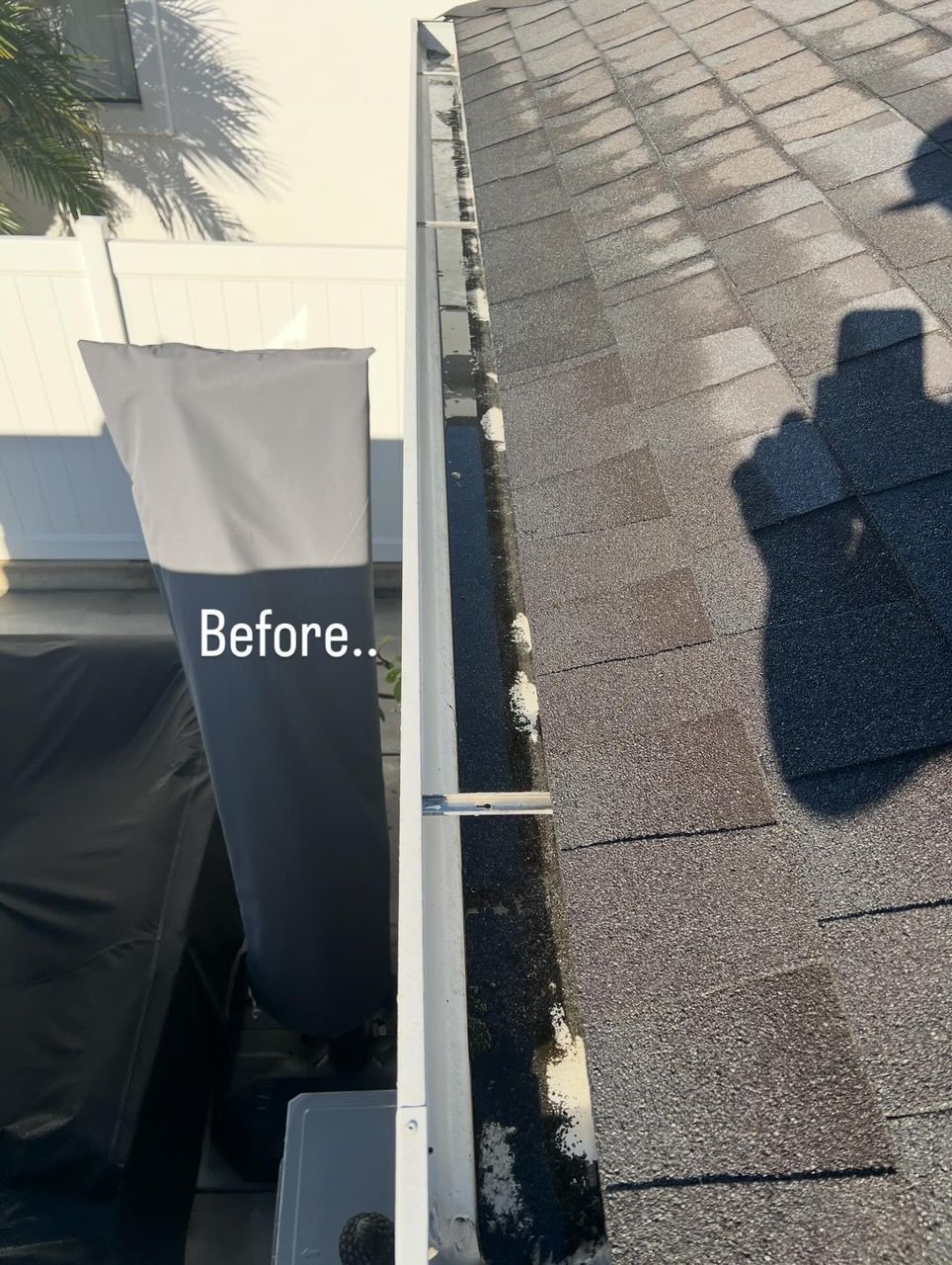 Roof shingle and gutter comparison with “Before..” label beside a rooftop shadow.