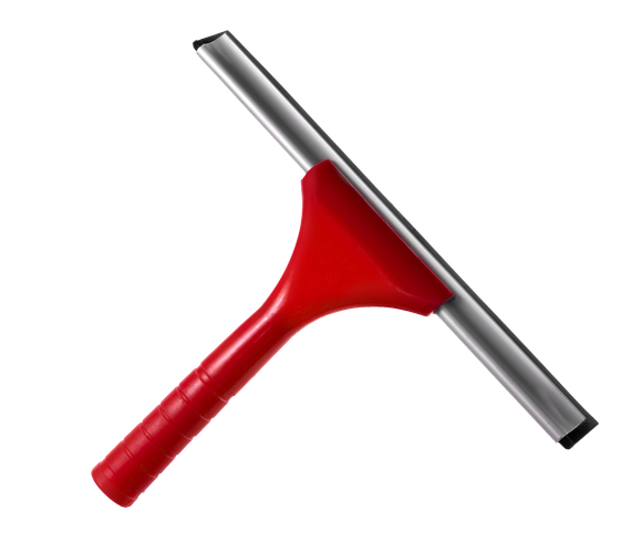 Red-handled window squeegee with a gray rubber blade on a white background