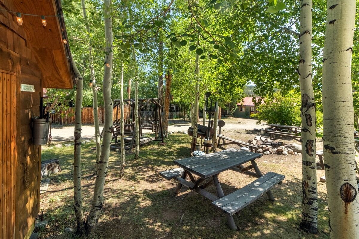 Wooded picnic area with a blue bench-table under tall trees beside a rustic building