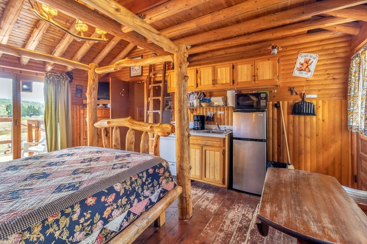 Cozy log cabin bedroom with wooden walls, quilted bed, kitchenette, and sliding glass doors to a deck