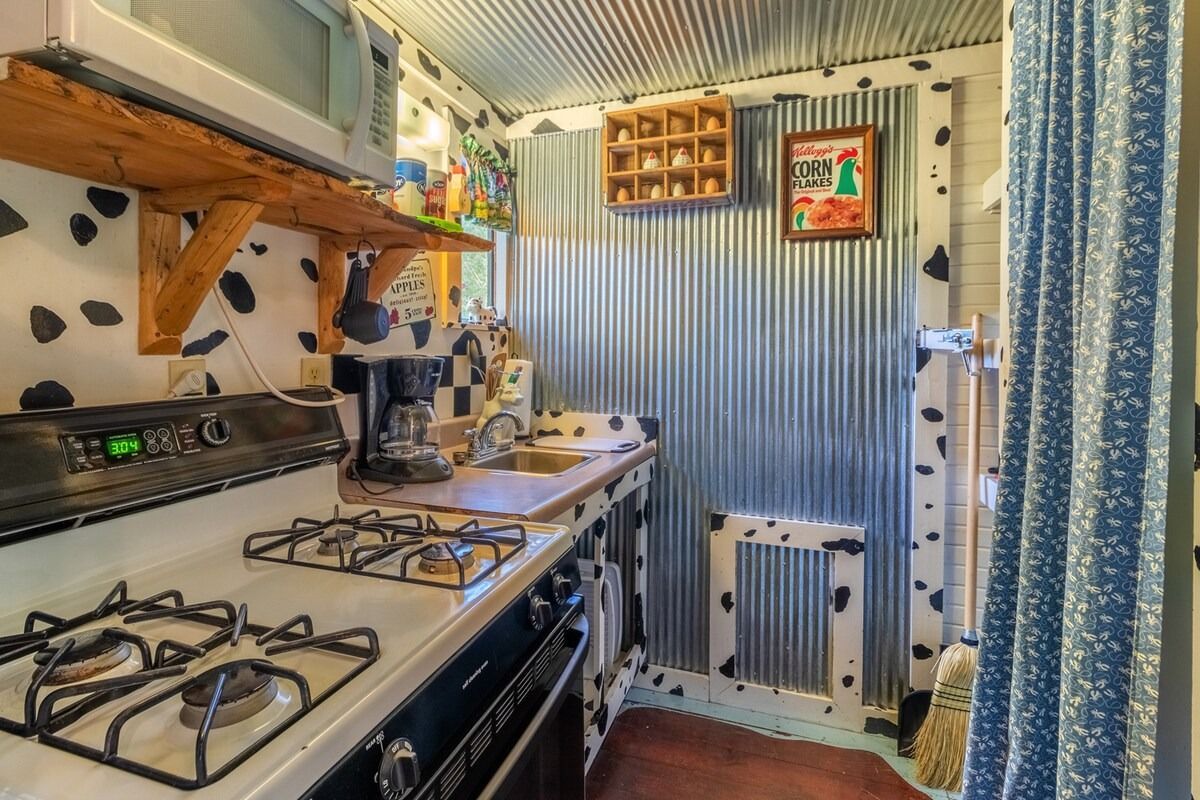 Narrow kitchen with gas stove, countertop appliances, corrugated metal wall, and blue curtain.