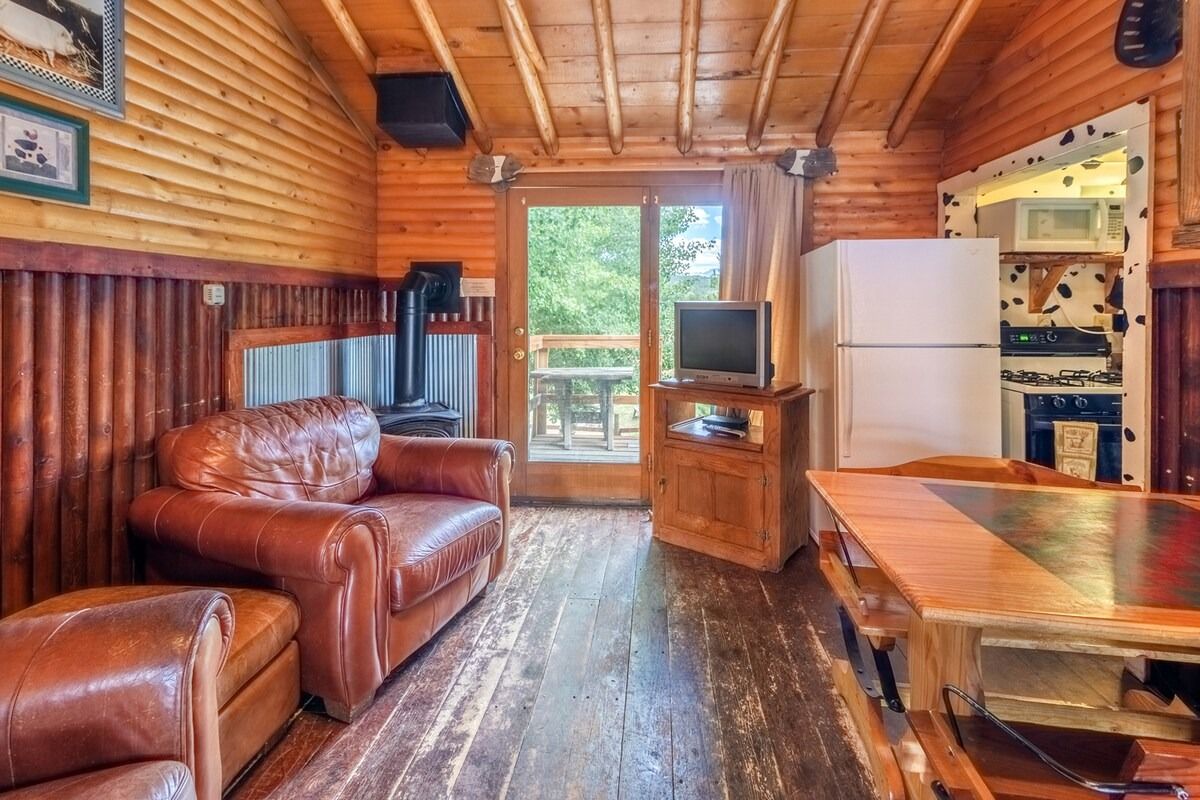 Rustic cabin interior with leather sofa, wood walls, dining table, and kitchen area