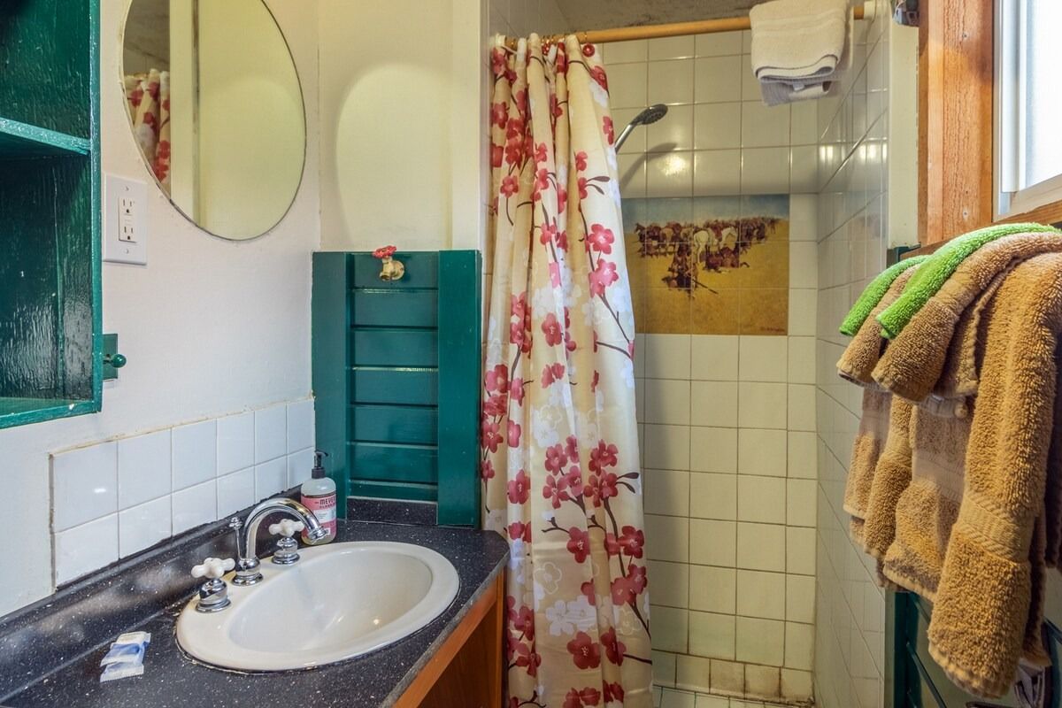 Small bathroom with sink, mirror, floral shower curtain, and towels hanging by a tiled shower.