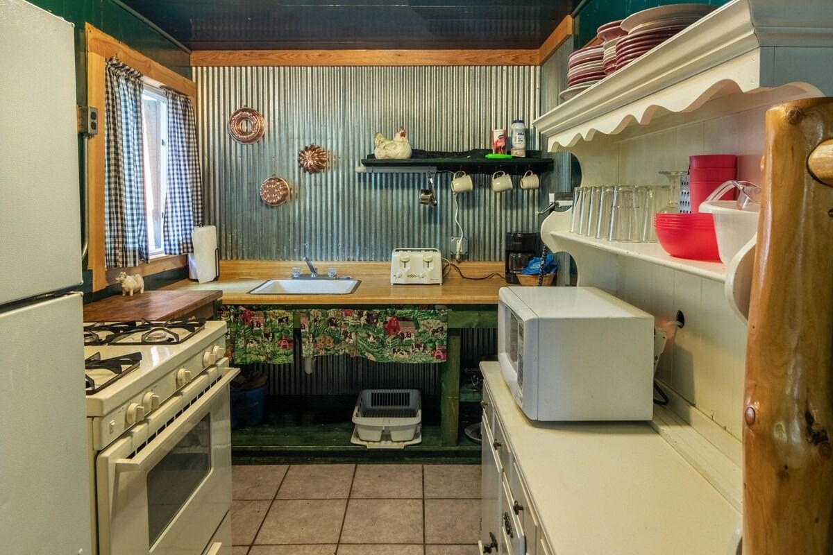 Narrow kitchen with striped blue walls, white stove and sink, hanging shelves, and a small window.