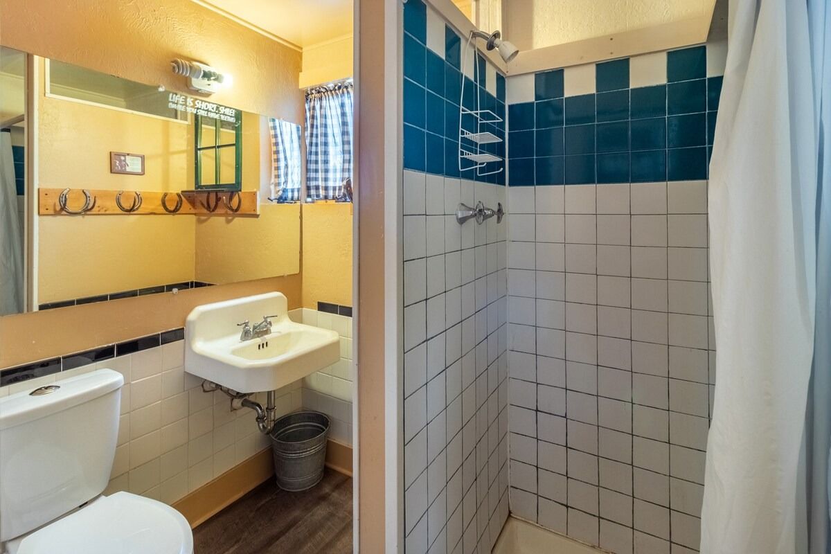 Bathroom with sink, toilet, mirror, and blue-and-white tiled shower stall