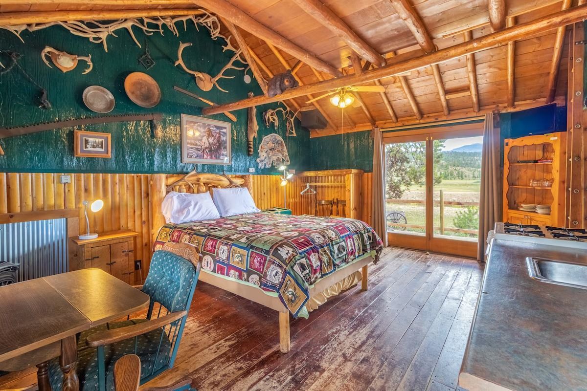Rustic cabin bedroom with a colorful quilt, wooden walls, and sunlight through glass doors
