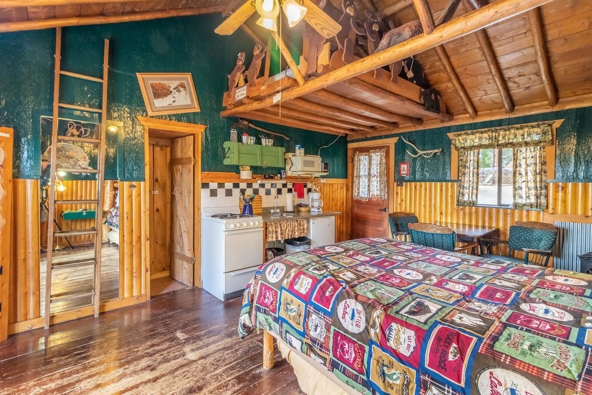 Cozy rustic bedroom with wooden walls, exposed beams, colorful quilted bed, and a small kitchen area
