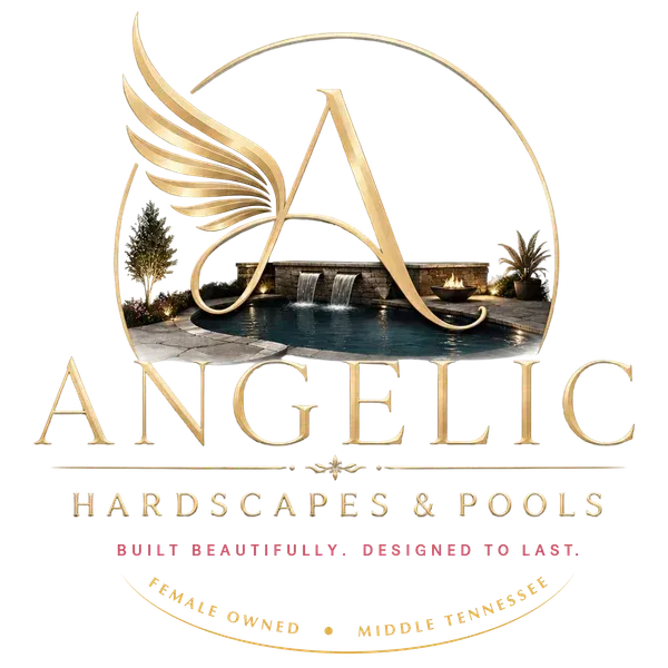 Gold Angelic Hardscapes & Pools logo with winged A and poolscape inside a circle, “Built beautifully, designed to last.”