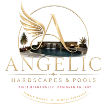 Gold Angelic Hardscapes & Pools logo with winged A and poolscape inside a circle, “Built beautifully, designed to last.”