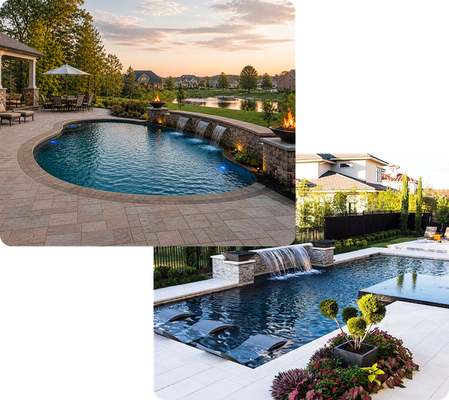 Two luxury backyard pools with stone patios and landscaped gardens at sunset