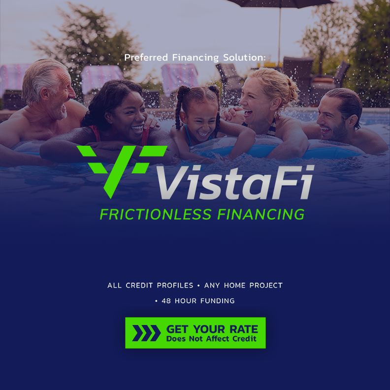 VistaFi financing ad with smiling people in a hot tub and green “Get Your Rate” button
