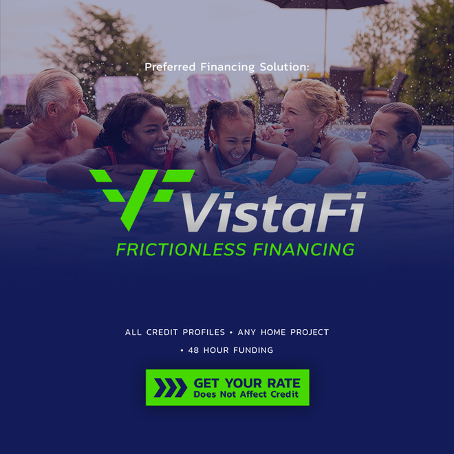 VistaFi financing ad with smiling people in a hot tub and green “Get Your Rate” button