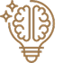 Brown outline icon of a lightbulb with a brain inside