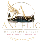 Angelic Hardscapes & Pools logo with gold winged “A” over a pool and patio scene, white background