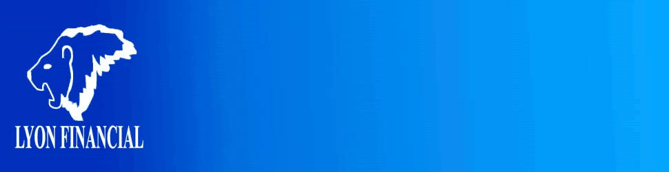 Lyon Financial logo on blue gradient background with white lion icon and text