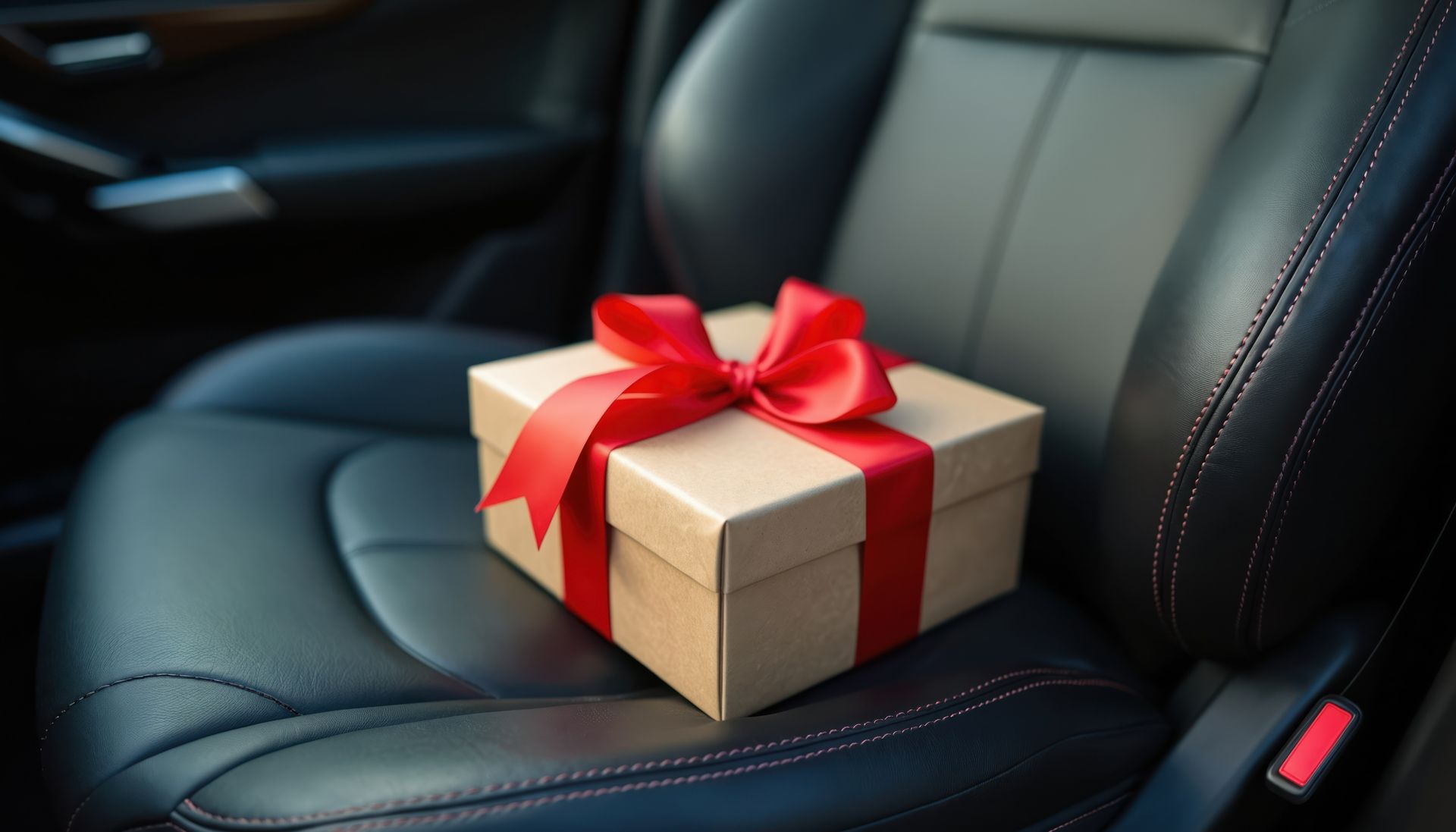 Gift box with red ribbon on a car seat.
