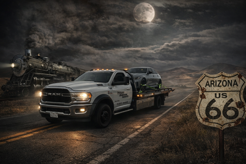 Tow truck hauling a car on Route 66 in Arizona at night, with a moonlit desert sky