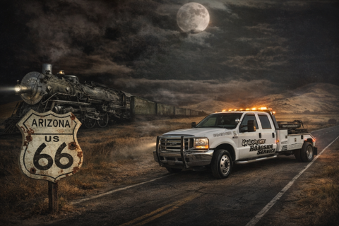Tow truck beside Arizona Route 66 sign on a dark desert road under a full moon