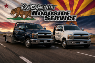 Two pickup trucks on a road with “On The Roadside Service” logo at sunset