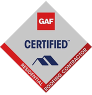 GAF Certified Residential Roofing Contractor logo: red, gray, and blue diamond with 
