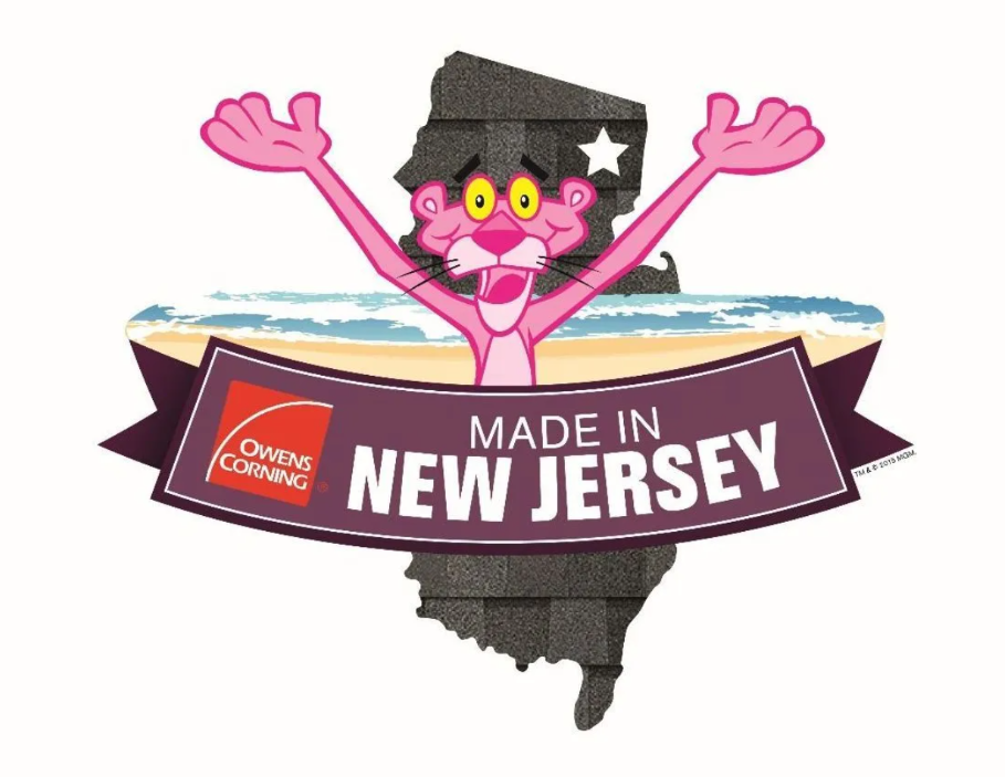 Pink Panther in New Jersey state shape, arms raised, above 