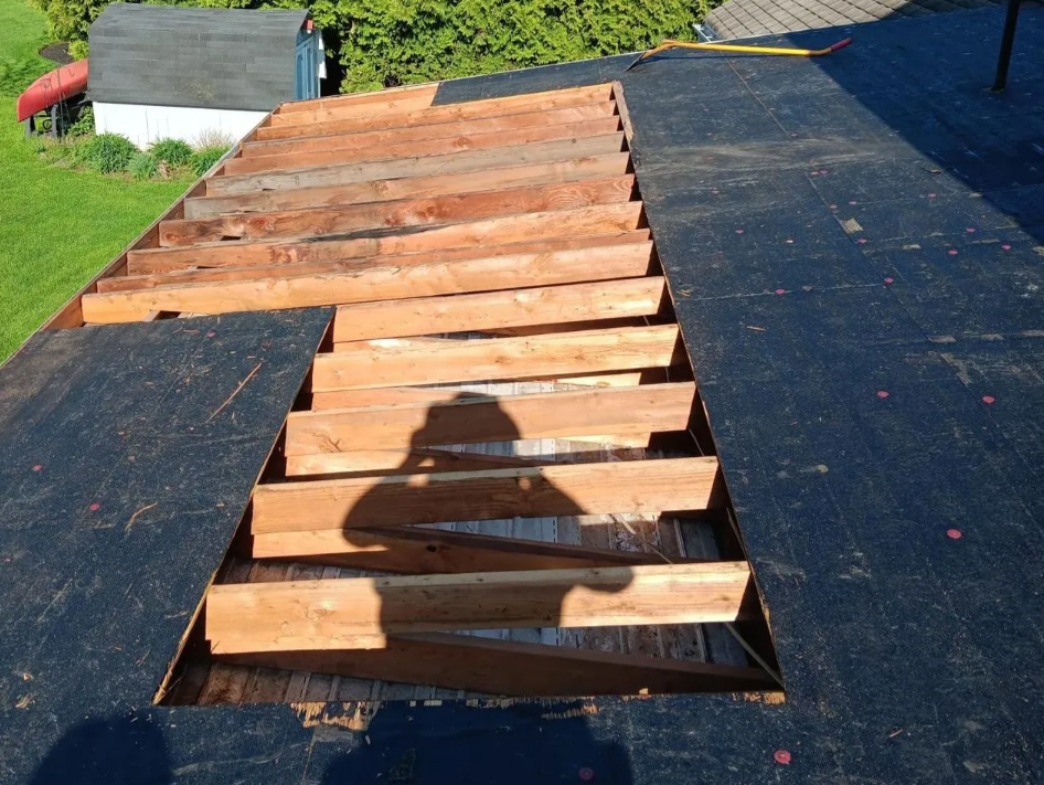 A shadow of a person is cast on the roof of a house