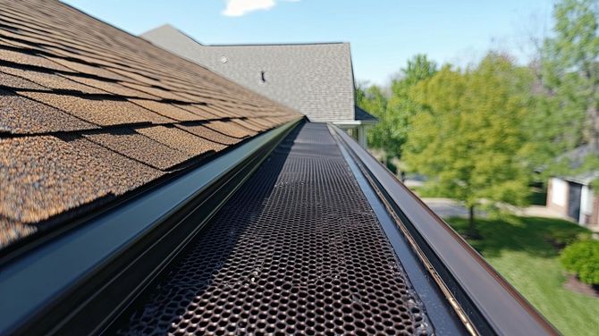 Roof gutter and leaf guard along a shingled roof edge, with trees and houses in the background