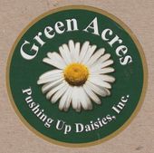 Green Acres logo with a white daisy and the slogan &ldquo;Pushing Up Daisies, Inc.&rdquo;