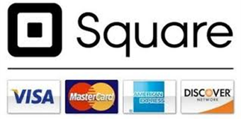 A square logo with visa mastercard and discover logos