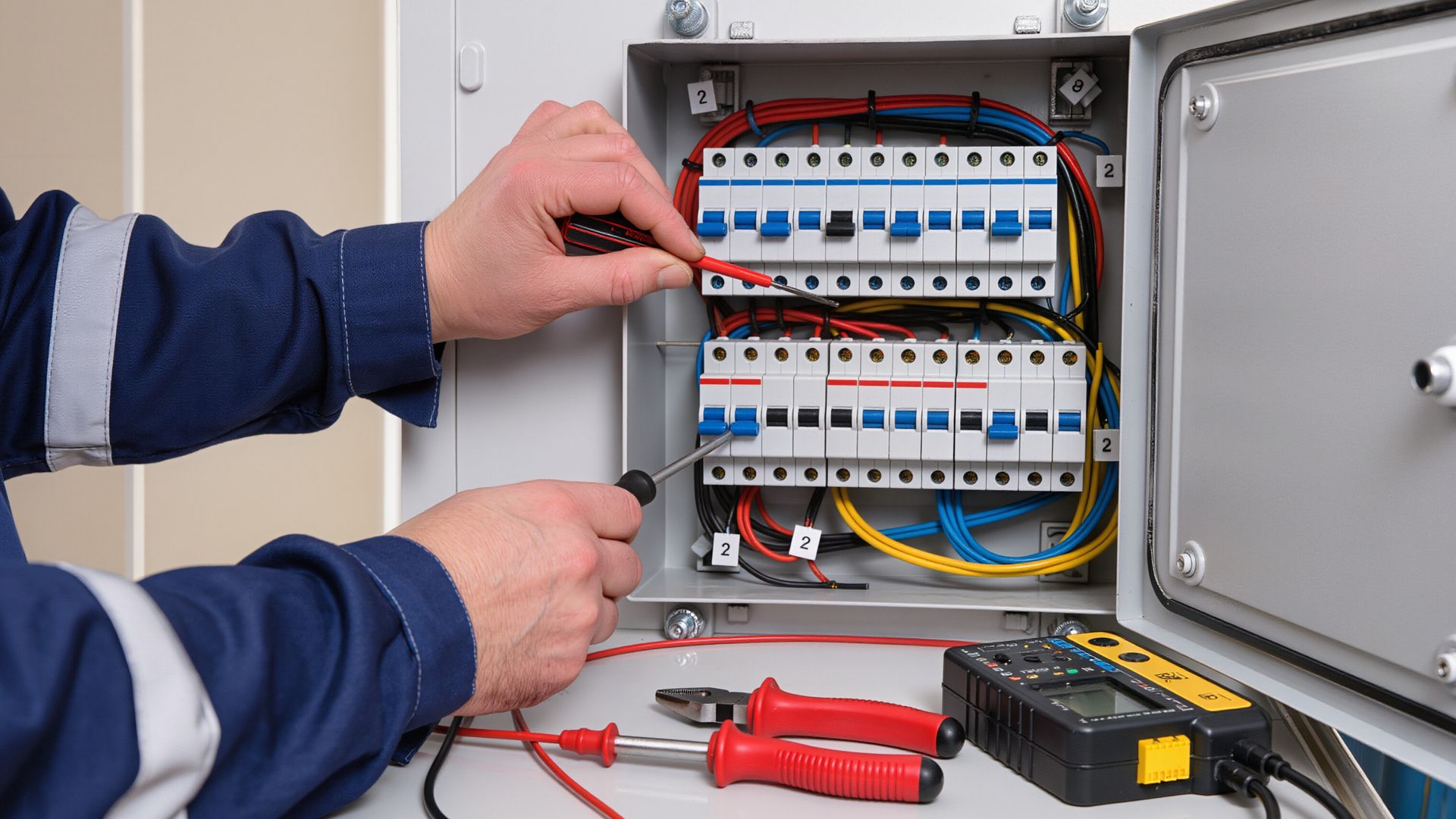 a person using a screwdriver and wire stripper to work on an electrical circuit breaker panel.