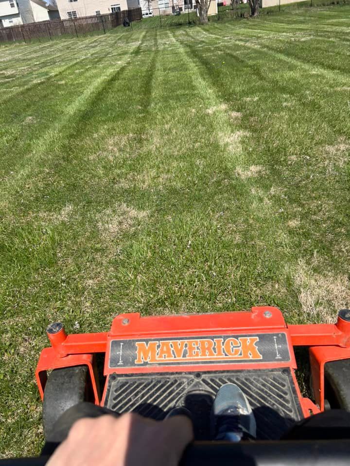 A person mowing a striped lawn with an orange 
