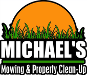 Logo for Michael's Mowing & Property Clean-Up with green grass, orange sun, and black and white text.