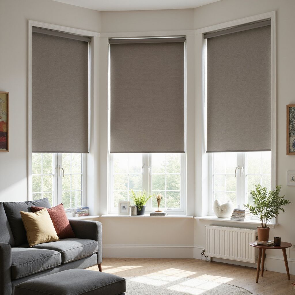Living room with three windows, gray roller blinds, gray sofa, and potted plants.