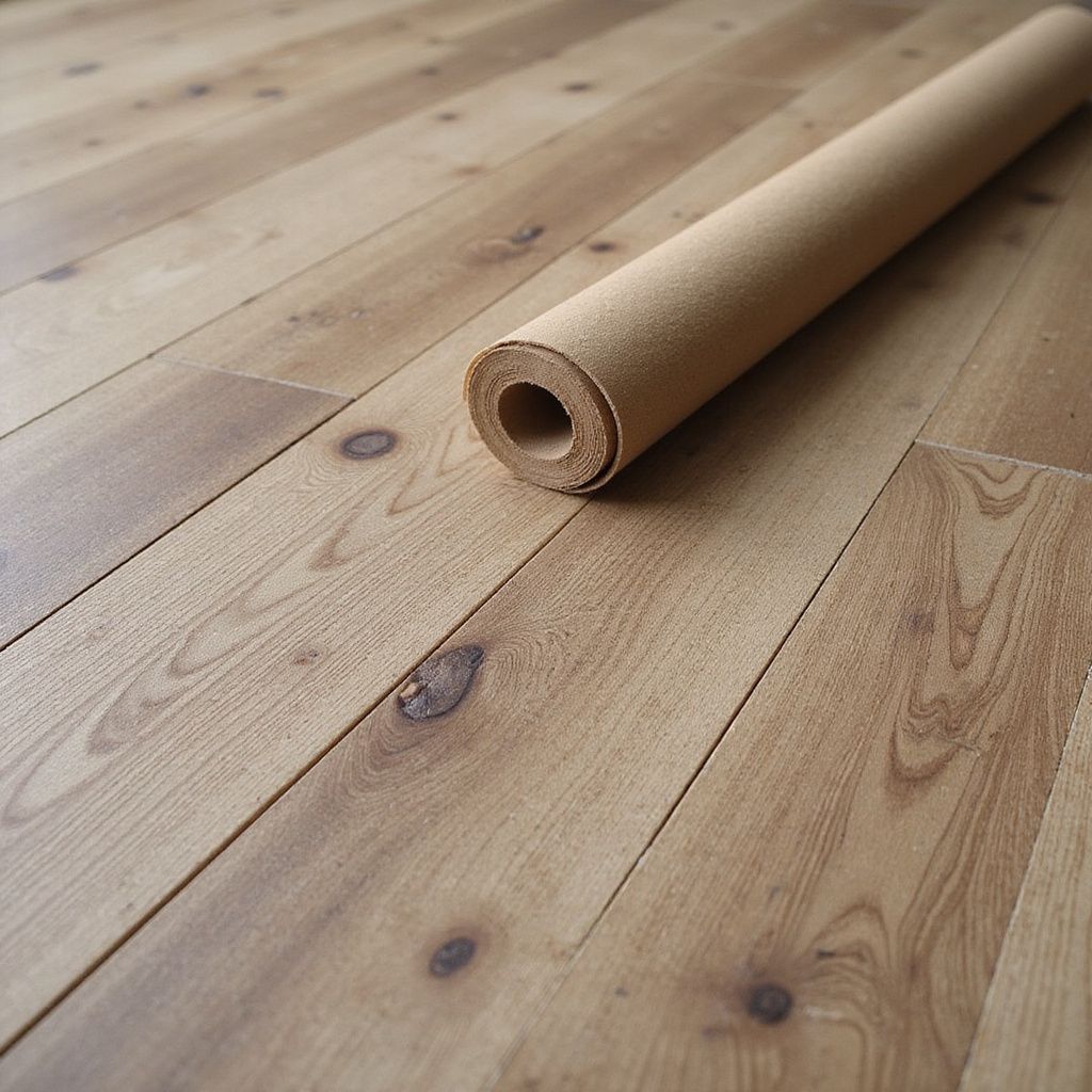 A roll of cork flooring rests on installed wood flooring. The cork is tan, the wood is light brown.