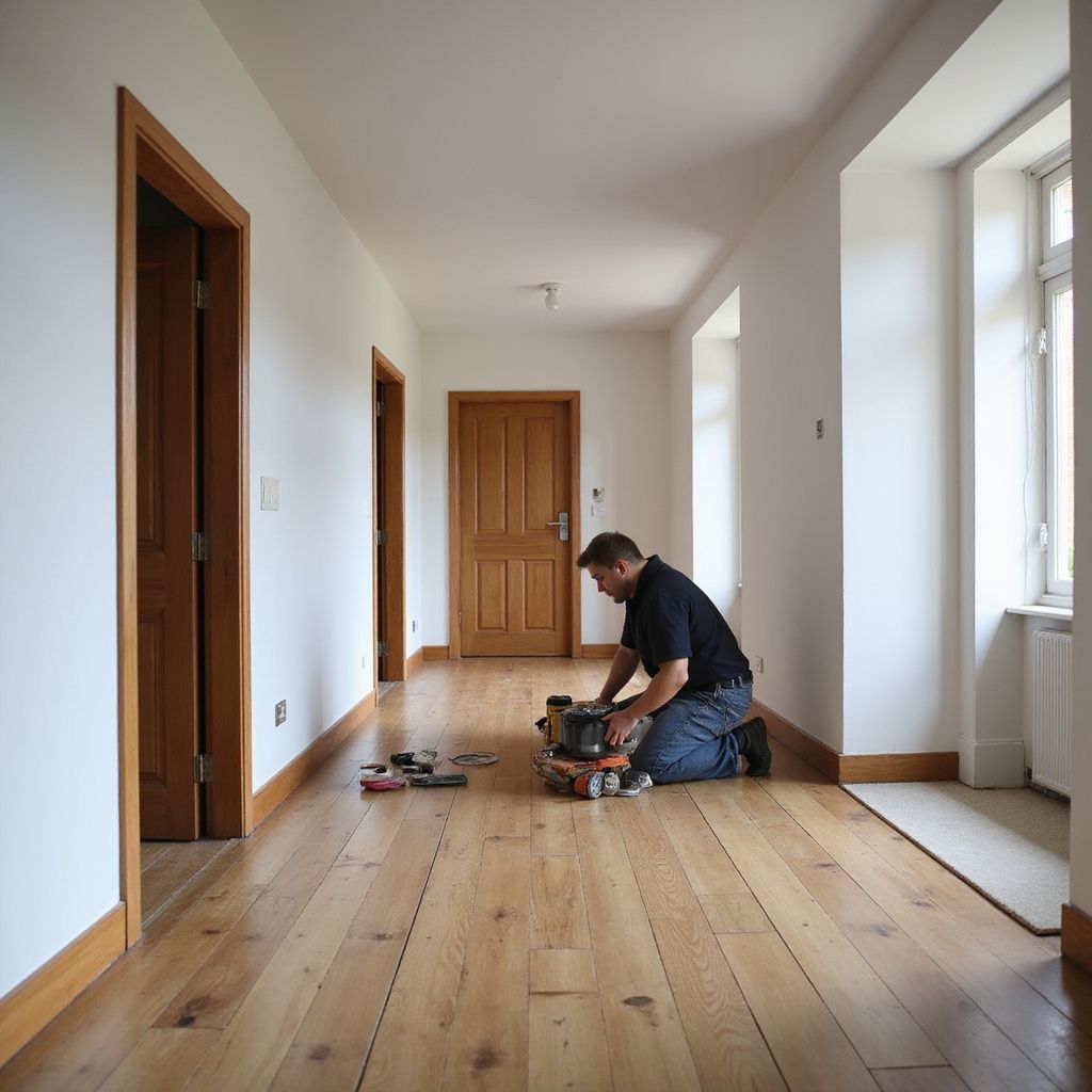 Man kneeling, working on tools, in hallway with wood floor.
