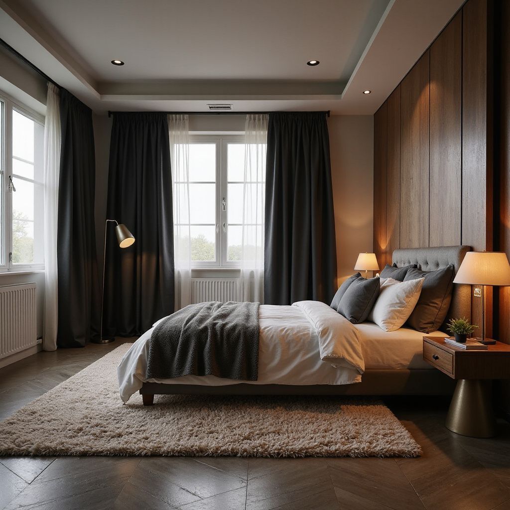 Cozy bedroom with bed, wooden headboard, window with curtains, floor rug, and bedside lamps.