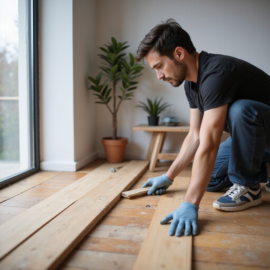 Man installing hardwood flooring indoors, wearing gloves, focused expression.