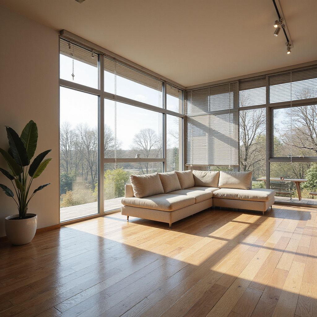 Bright, airy living room with a large corner sofa, floor-to-ceiling windows, and hardwood floors.