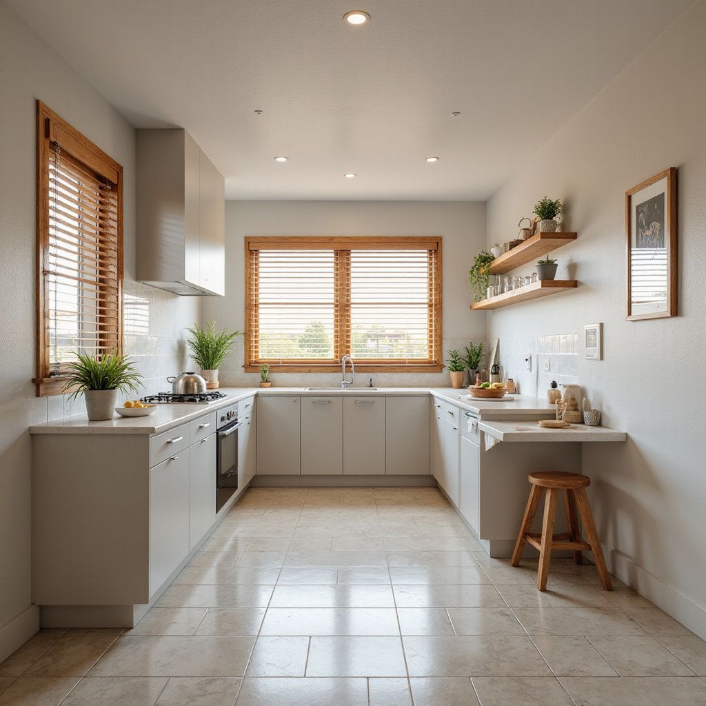 U-shaped modern kitchen with white cabinets, wood trim, and a small countertop with a stool.
