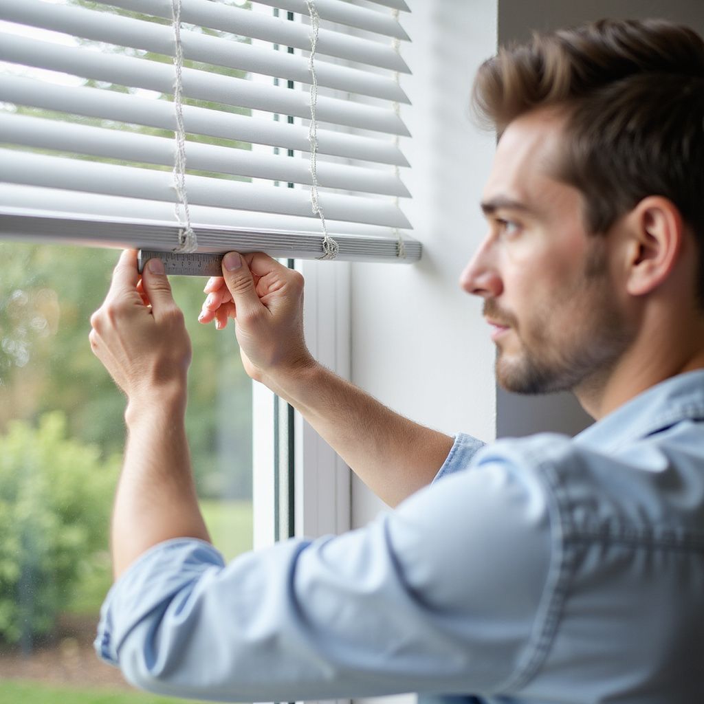 Man adjusting white venetian blinds near a window. He wears a blue button-down shirt.