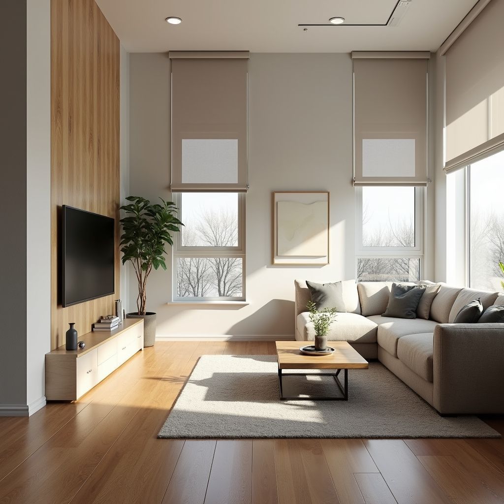 Living room with wooden floors, a sectional sofa, and a TV on a wood-paneled wall.