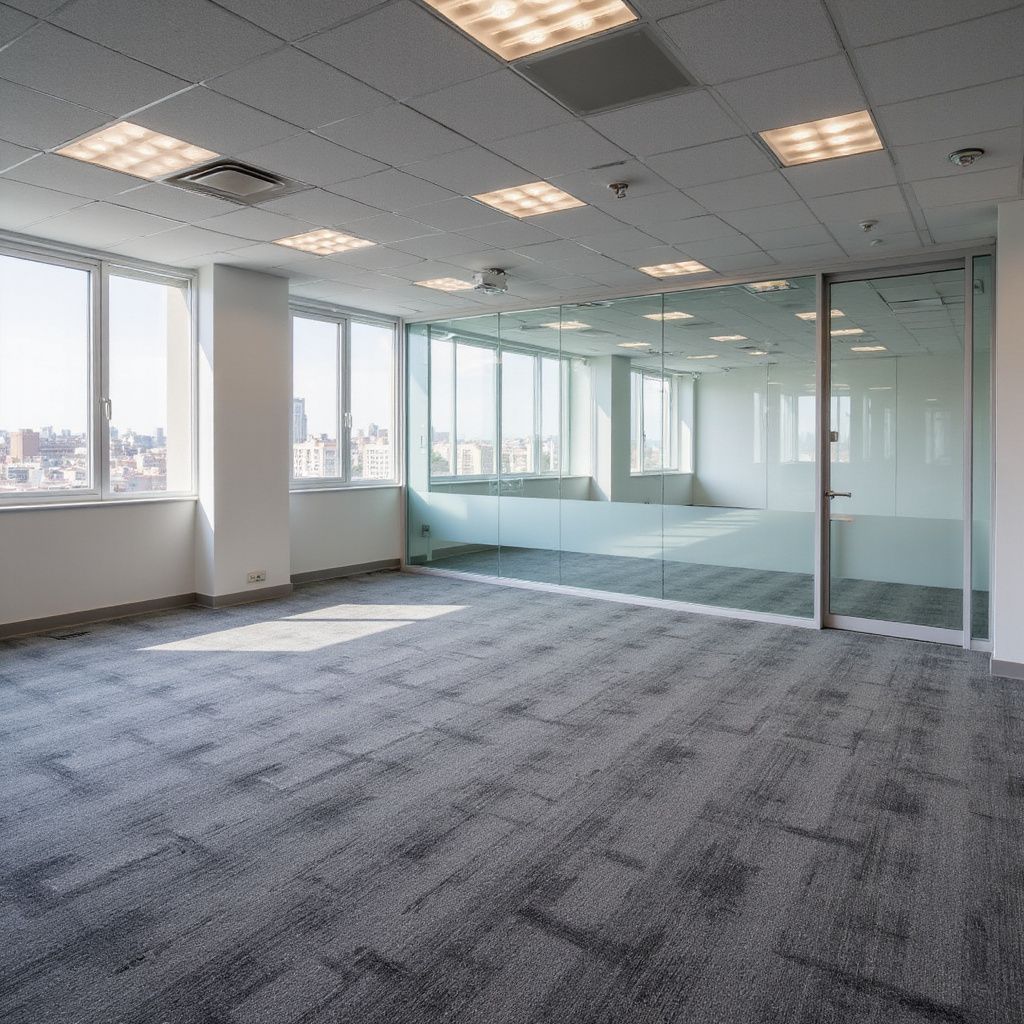 Empty office space with carpet, large windows, glass walls, and overhead lights.