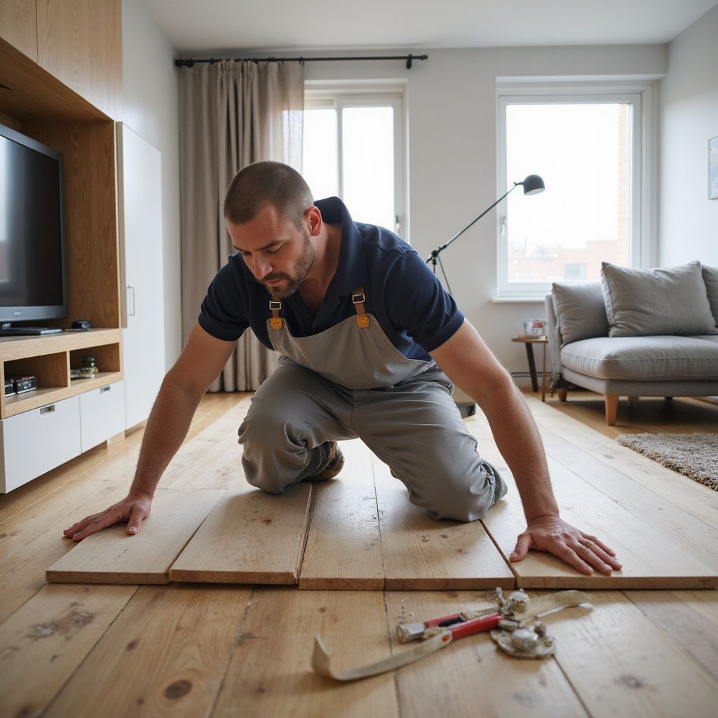 Man installing wooden flooring, kneeling with tools, in a living room.