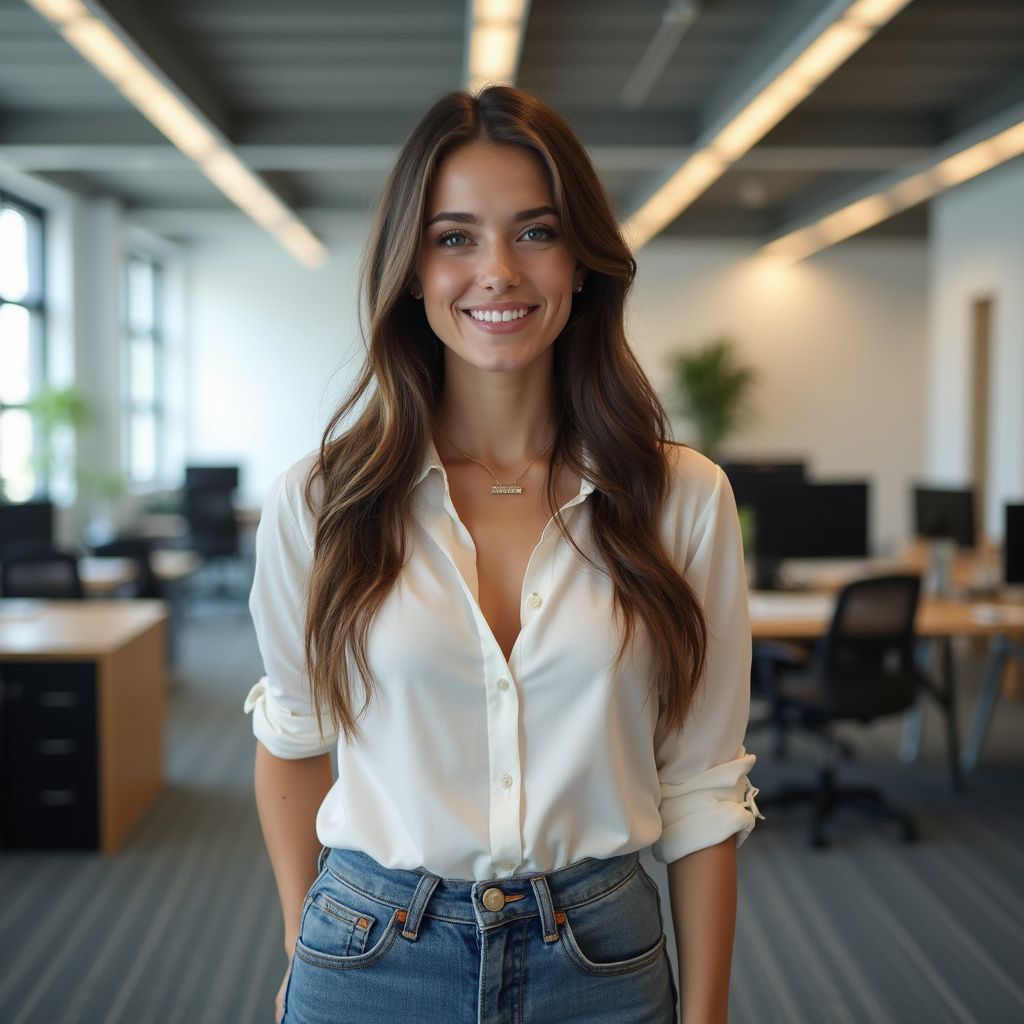 Woman smiling in a white button-down shirt and jeans in an office setting.