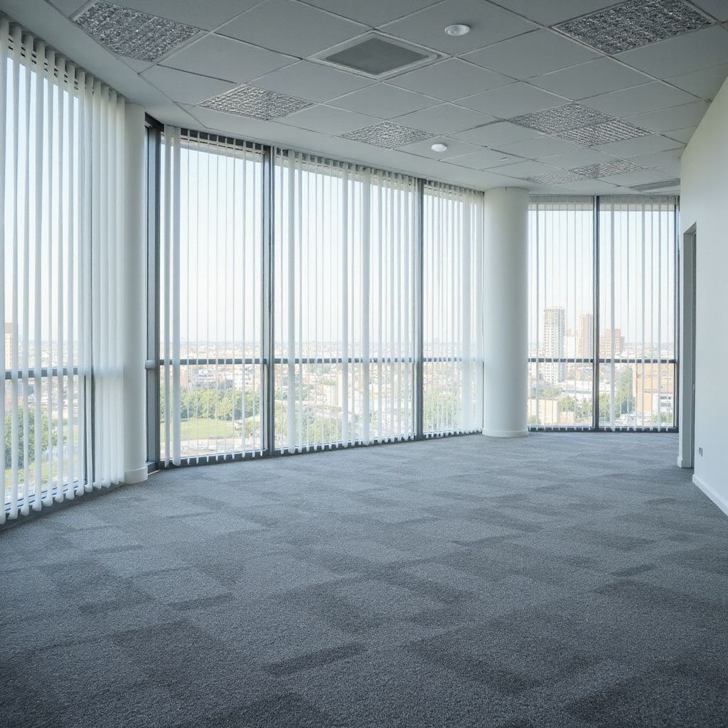 Empty office with floor-to-ceiling windows, gray carpet, and vertical blinds. City view visible.